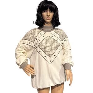 Vintage 80's Jo Hardin turtleneck sweater cream patch button accents size medium